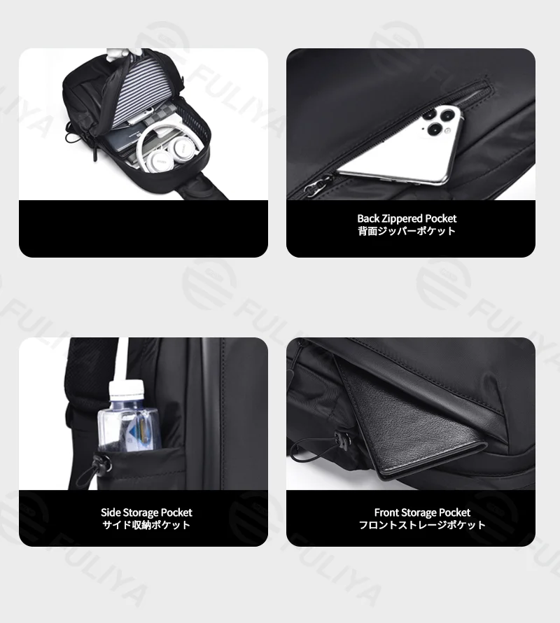 Guangzhou Fuliya Industry Co.,Ltd C-81279 Lightweight chest bag, adjustable swivel-hook strap, detachable hook, breathable strap, front pocket, side pocket, and back anti-theft zipper pocket, smooth zipper - for sports, commuting, and daily use.