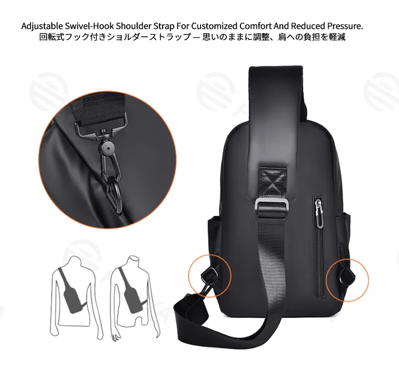Guangzhou Fuliya Industry Co.,Ltd C-81279 Lightweight chest bag, adjustable swivel-hook strap, detachable hook, breathable strap, front pocket, side pocket, and back anti-theft zipper pocket, smooth zipper - for sports, commuting, and daily use.