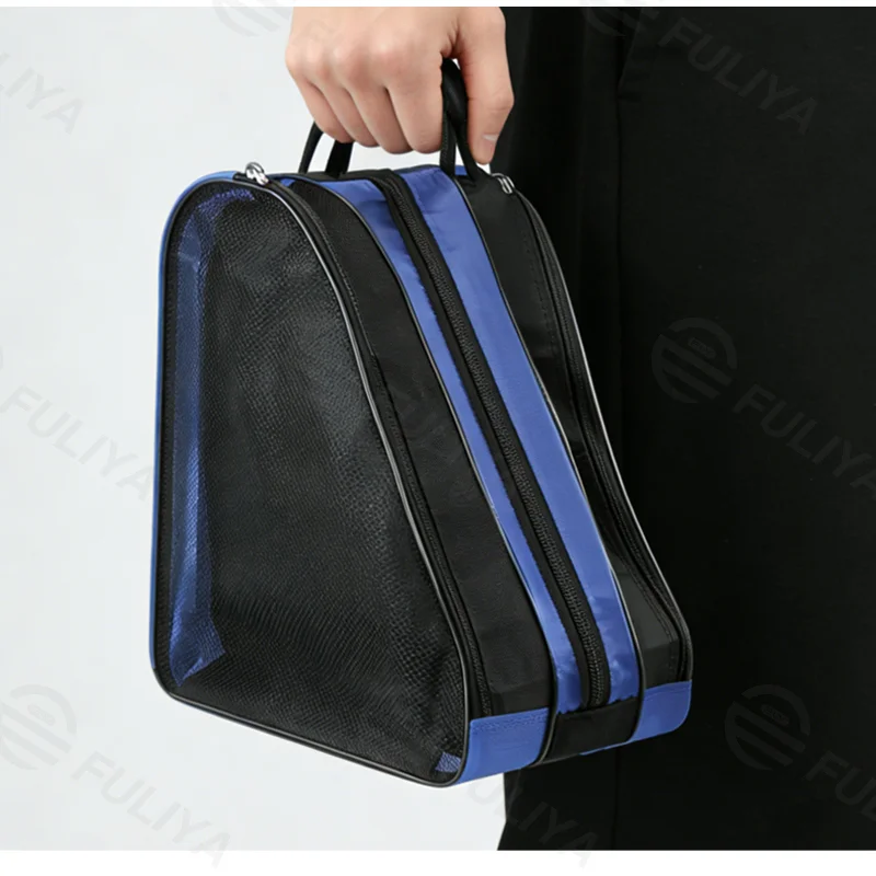 Guangzhou Fuliya Industry Co.,Ltd C-81283 Large-capacity roller skate storage bag, double-sided breathable mesh, soft handle, rubber shoulder pad, and smooth zipper - shoulder or backpack carry for skating and rollerblading.