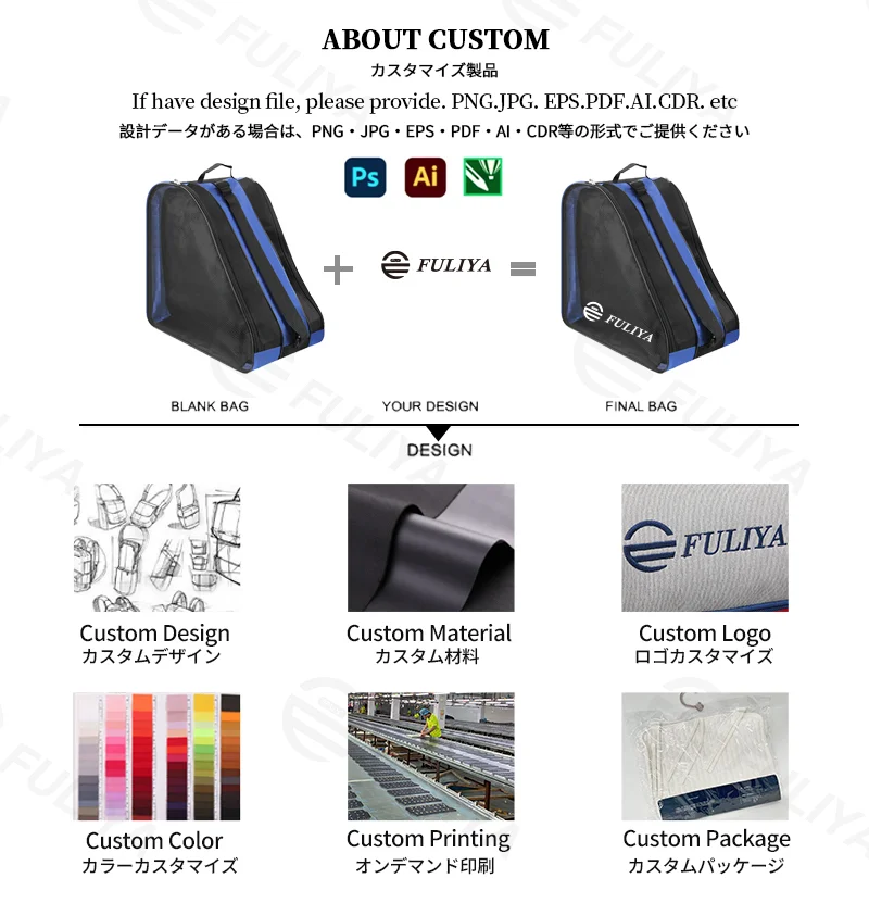 Guangzhou Fuliya Industry Co.,Ltd C-81283 Large-capacity roller skate storage bag, double-sided breathable mesh, soft handle, rubber shoulder pad, and smooth zipper - shoulder or backpack carry for skating and rollerblading.