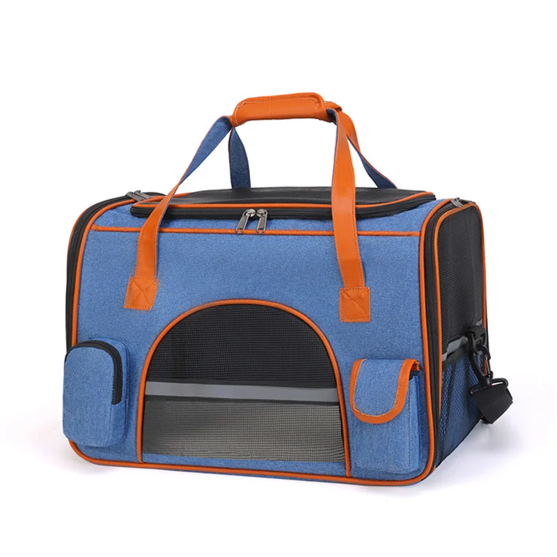 Guangzhou Fuliya Industry Co.,Ltd C-81287 Portable pet carrier, fits airline under-seat, breathable mesh, easy snap buckle, smooth zipper, widened shoulder pad, and reflective strip - for cats, small dogs, and travel.