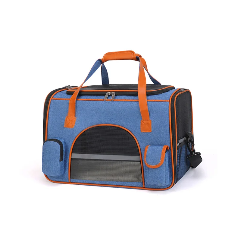 Guangzhou Fuliya Industry Co.,Ltd C-81287 Portable pet carrier, fits airline under-seat, breathable mesh, easy snap buckle, smooth zipper, widened shoulder pad, and reflective strip - for cats, small dogs, and travel.