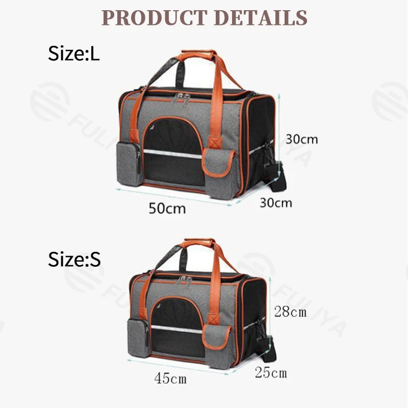 Guangzhou Fuliya Industry Co.,Ltd C-81287 Portable pet carrier, fits airline under-seat, breathable mesh, easy snap buckle, smooth zipper, widened shoulder pad, and reflective strip - for cats, small dogs, and travel.