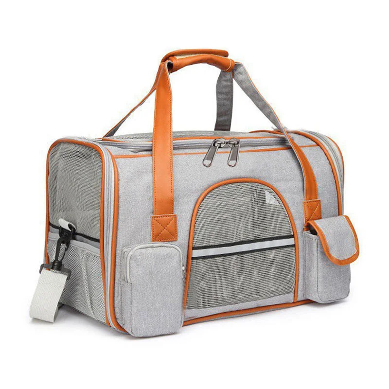 Guangzhou Fuliya Industry Co.,Ltd C-81287 Portable pet carrier, fits airline under-seat, breathable mesh, easy snap buckle, smooth zipper, widened shoulder pad, and reflective strip - for cats, small dogs, and travel.