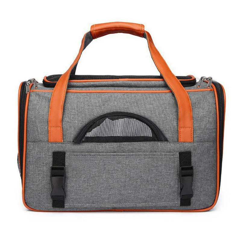 Guangzhou Fuliya Industry Co.,Ltd C-81287 Portable pet carrier, fits airline under-seat, breathable mesh, easy snap buckle, smooth zipper, widened shoulder pad, and reflective strip - for cats, small dogs, and travel.