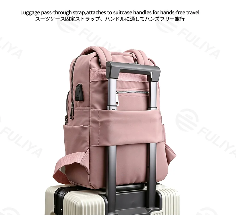 Guangzhou Fuliya Industry Co.,Ltd C-81288 Lightweight waterproof backpack, large capacity with pockets, built-in USB charging cable, anti-theft back pocket, metal D-ring, and adjustable strap - luggage pass-through for campus, commuting, and travel.