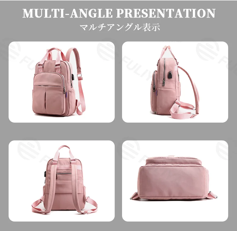 Guangzhou Fuliya Industry Co.,Ltd C-81288 Lightweight waterproof backpack, large capacity with pockets, built-in USB charging cable, anti-theft back pocket, metal D-ring, and adjustable strap - luggage pass-through for campus, commuting, and travel.