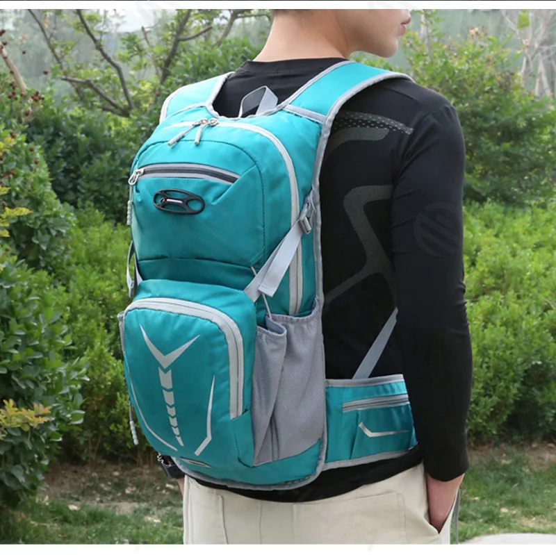 Guangzhou Fuliya Industry Co.,Ltd C-81289 Multi-functional cycling hydration backpack, hydration bladder compatible, hydration port, reflective strips, helmet holder, breathable back panel, waist belt and chest buckle - for cycling and outdoor sports.