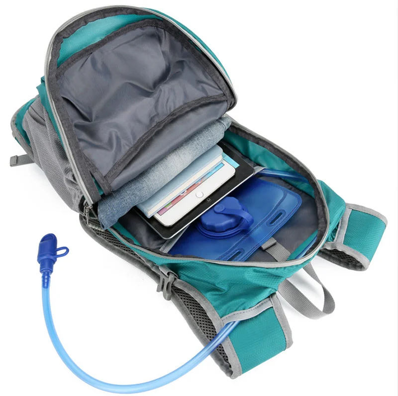 Guangzhou Fuliya Industry Co.,Ltd C-81289 Multi-functional cycling hydration backpack, hydration bladder compatible, hydration port, reflective strips, helmet holder, breathable back panel, waist belt and chest buckle - for cycling and outdoor sports.