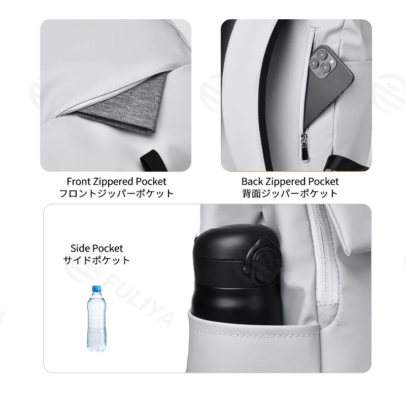 Guangzhou Fuliya Industry Co.,Ltd C-81296 Casual backpack, water-resistant, large capacity, laptop compartment, front/back zipper pockets, side pocket, and magnetic flap - for commuting and daily use.
