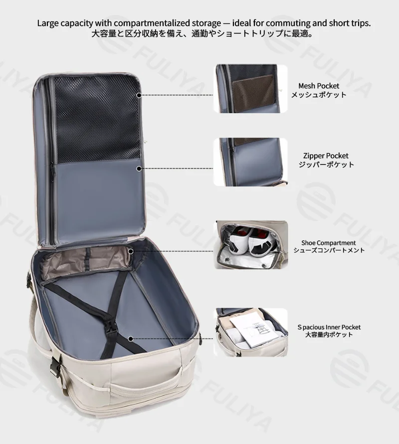 Guangzhou Fuliya Industry Co.,Ltd C-81297 Sports travel backpack, 180° full-open, large capacity, shoe compartment, laptop compartment, luggage strap, and breathable back panel - for commuting, business trips, and short travel.