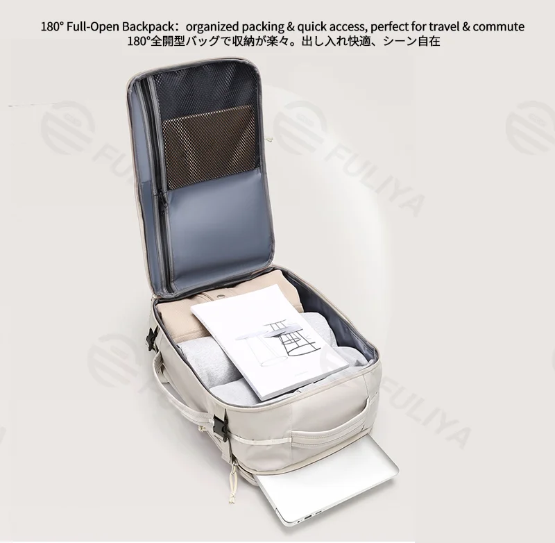 Guangzhou Fuliya Industry Co.,Ltd C-81297 Sports travel backpack, 180° full-open, large capacity, shoe compartment, laptop compartment, luggage strap, and breathable back panel - for commuting, business trips, and short travel.