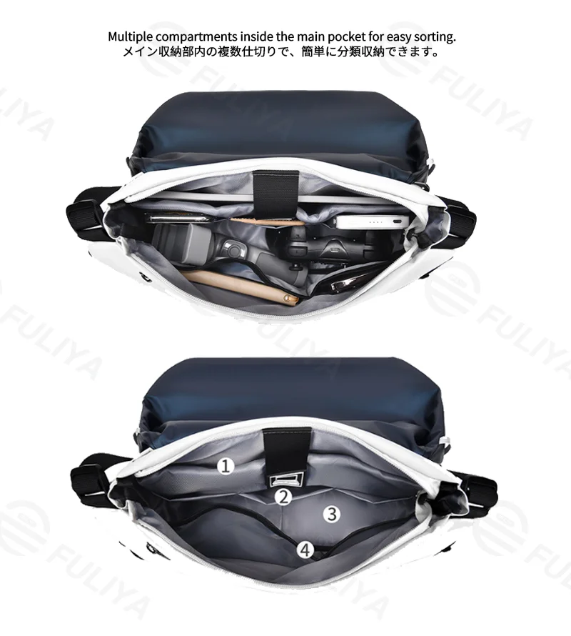 Guangzhou Fuliya Industry Co.,Ltd C-81302 Waterproof durable crossbody bag, magnetic quick-release buckle, front zipper pocket, semi-open compartment, multi-compartment main pocket - for commuting, outdoor, and cycling.