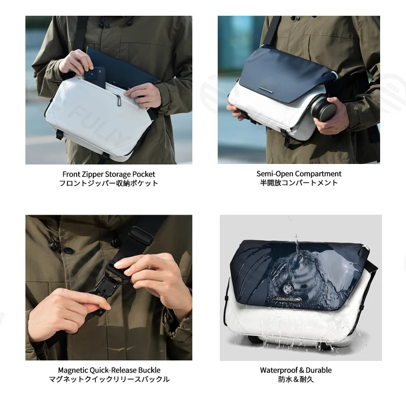 Guangzhou Fuliya Industry Co.,Ltd C-81302 Waterproof durable crossbody bag, magnetic quick-release buckle, front zipper pocket, semi-open compartment, multi-compartment main pocket - for commuting, outdoor, and cycling.