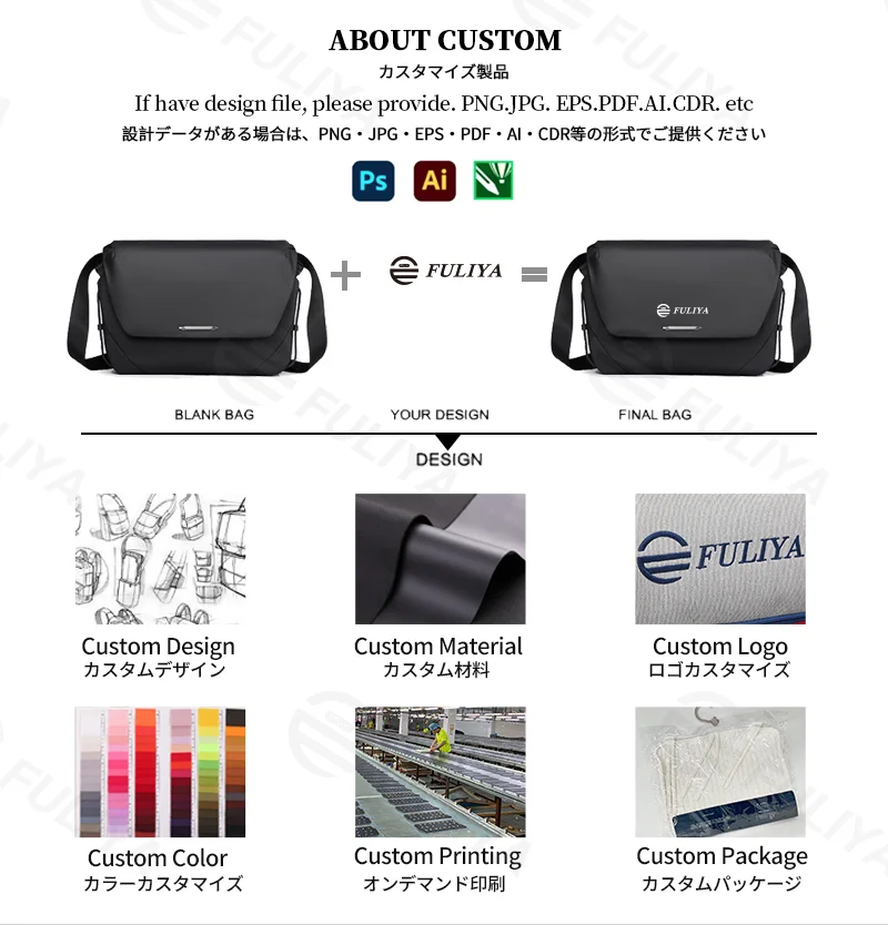 Guangzhou Fuliya Industry Co.,Ltd C-81302 Waterproof durable crossbody bag, magnetic quick-release buckle, front zipper pocket, semi-open compartment, multi-compartment main pocket - for commuting, outdoor, and cycling.