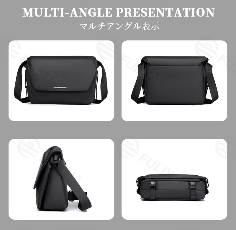 Guangzhou Fuliya Industry Co.,Ltd C-81302 Waterproof durable crossbody bag, magnetic quick-release buckle, front zipper pocket, semi-open compartment, multi-compartment main pocket - for commuting, outdoor, and cycling.