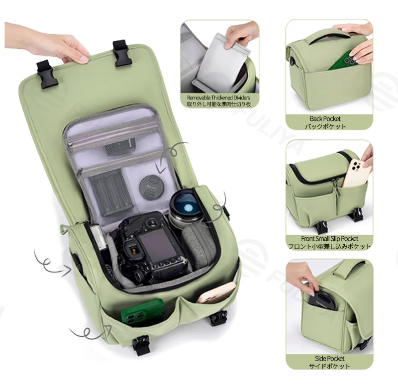 Guangzhou Fuliya Industry Co.,Ltd C-81303 Shoulder/crossbody camera bag, ergonomic shoulder strap, removable thickened dividers, multiple pockets, S/M/L sizes - for DSLR, mirrorless, and instant cameras.