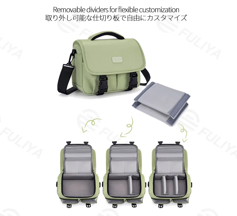 Guangzhou Fuliya Industry Co.,Ltd C-81303 Shoulder/crossbody camera bag, ergonomic shoulder strap, removable thickened dividers, multiple pockets, S/M/L sizes - for DSLR, mirrorless, and instant cameras.