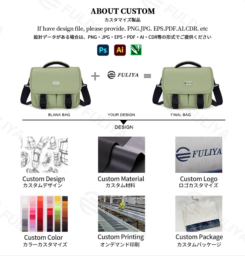 Guangzhou Fuliya Industry Co.,Ltd C-81303 Shoulder/crossbody camera bag, ergonomic shoulder strap, removable thickened dividers, multiple pockets, S/M/L sizes - for DSLR, mirrorless, and instant cameras.