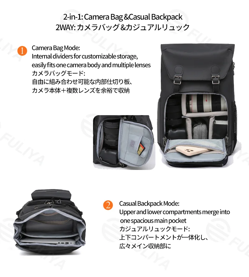 Guangzhou Fuliya Industry Co.,Ltd C-81304 2-in-1 camera backpack, customizable dividers, waterproof and anti-theft, large capacity - for photography, commuting, and travel.
