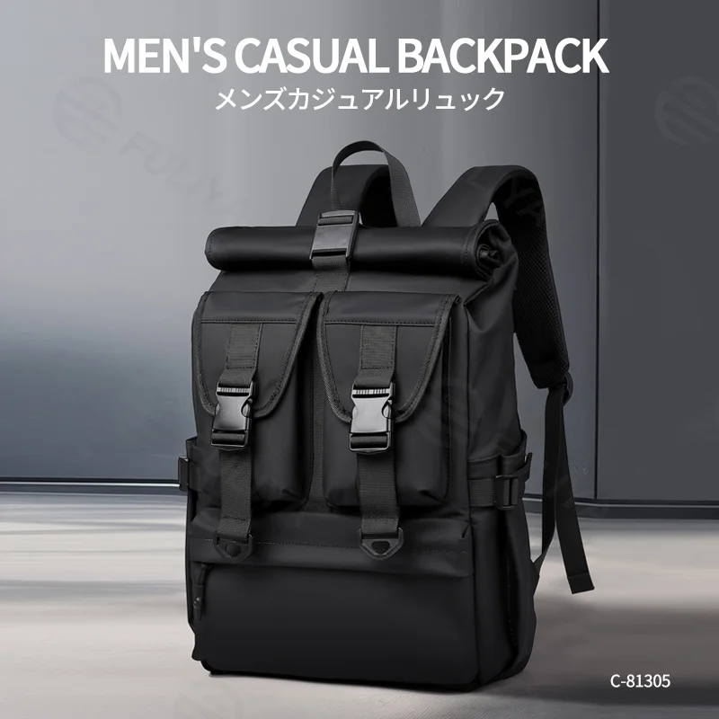 Guangzhou Fuliya Industry Co.,Ltd C-81305 Large-capacity casual backpack, roll-top expansion (18L/24L), magnetic flap, honeycomb breathable back panel, luggage strap - for commuting, travel, and business.