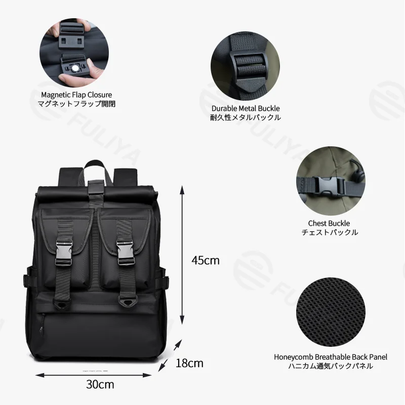 Guangzhou Fuliya Industry Co.,Ltd C-81305 Large-capacity casual backpack, roll-top expansion (18L/24L), magnetic flap, honeycomb breathable back panel, luggage strap - for commuting, travel, and business.