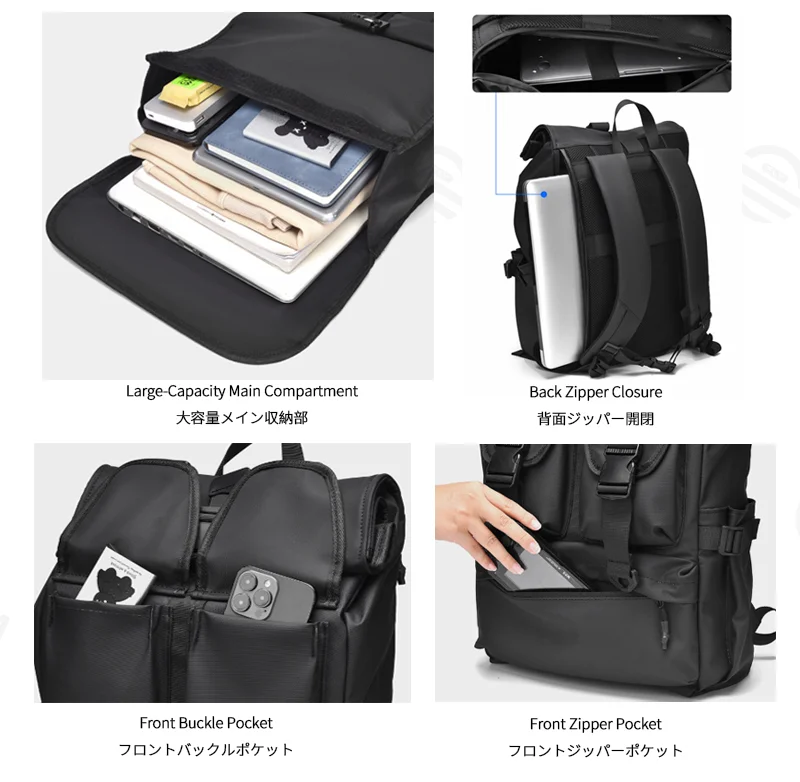Guangzhou Fuliya Industry Co.,Ltd C-81305 Large-capacity casual backpack, roll-top expansion (18L/24L), magnetic flap, honeycomb breathable back panel, luggage strap - for commuting, travel, and business.
