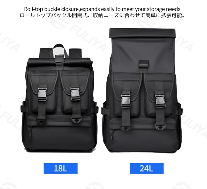 Guangzhou Fuliya Industry Co.,Ltd C-81305 Large-capacity casual backpack, roll-top expansion (18L/24L), magnetic flap, honeycomb breathable back panel, luggage strap - for commuting, travel, and business.
