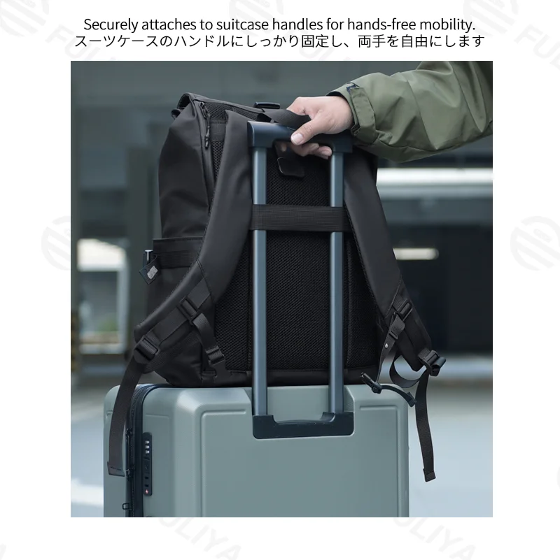Guangzhou Fuliya Industry Co.,Ltd C-81305 Large-capacity casual backpack, roll-top expansion (18L/24L), magnetic flap, honeycomb breathable back panel, luggage strap - for commuting, travel, and business.