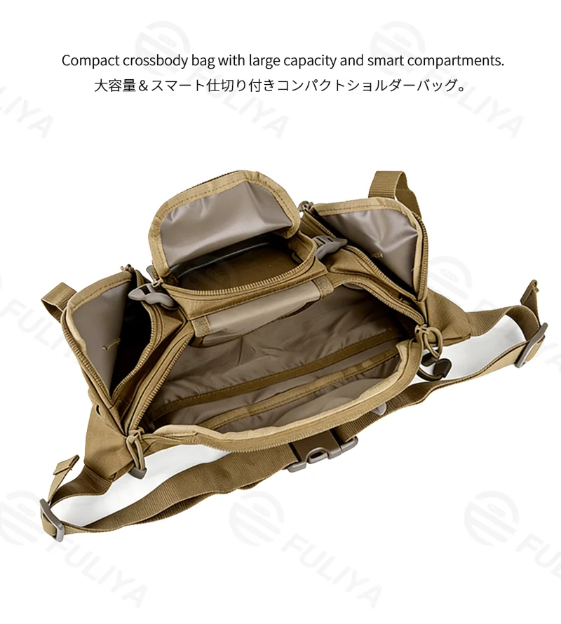 Guangzhou Fuliya Industry Co.,Ltd C-81308 Multi-functional outdoor tactical waist bag, 6L capacity, triple-compartment design, DIY Velcro panel, elastic cord system, durable buckles - wear as waist, chest, or crossbody for hiking, cycling, and sports.