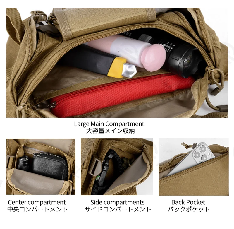 Guangzhou Fuliya Industry Co.,Ltd C-81308 Multi-functional outdoor tactical waist bag, 6L capacity, triple-compartment design, DIY Velcro panel, elastic cord system, durable buckles - wear as waist, chest, or crossbody for hiking, cycling, and sports.