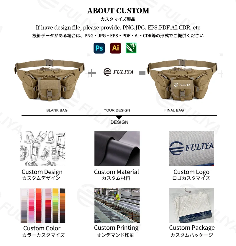 Guangzhou Fuliya Industry Co.,Ltd C-81308 Multi-functional outdoor tactical waist bag, 6L capacity, triple-compartment design, DIY Velcro panel, elastic cord system, durable buckles - wear as waist, chest, or crossbody for hiking, cycling, and sports.