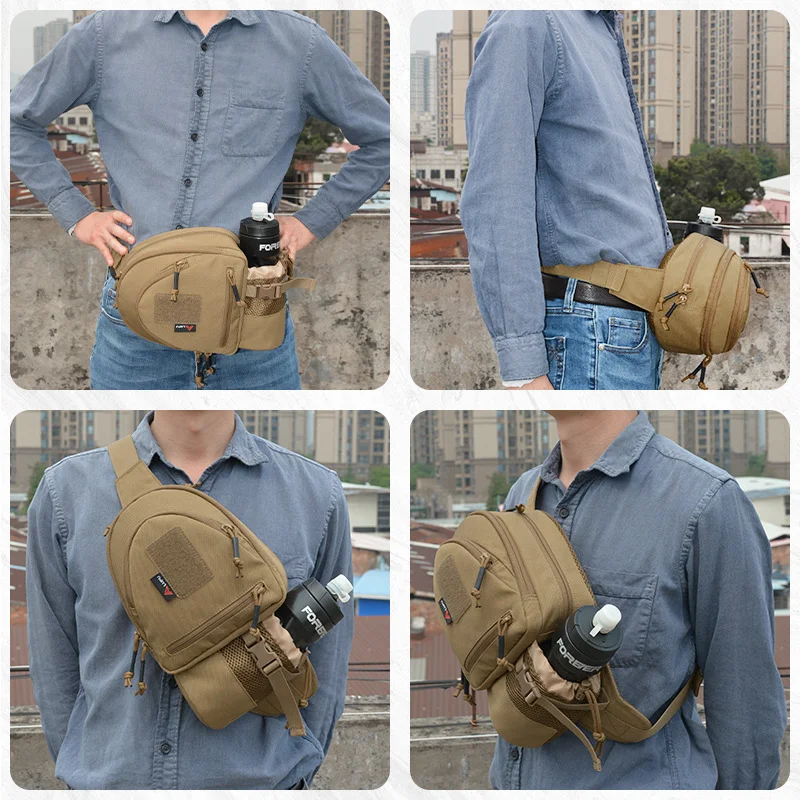 Guangzhou Fuliya Industry Co.,Ltd C-81308 Multi-functional outdoor tactical waist bag, 6L capacity, triple-compartment design, DIY Velcro panel, elastic cord system, durable buckles - wear as waist, chest, or crossbody for hiking, cycling, and sports.