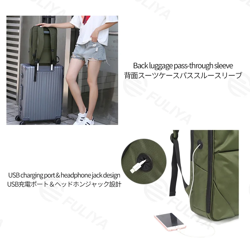 Guangzhou Fuliya Industry Co.,Ltd C-81328 Large-capacity multi-functional backpack with built-in laptop compartment, USB charging port, headphone jack, glasses strap, and luggage sleeve - suitable for business, business trips, travel, and students.