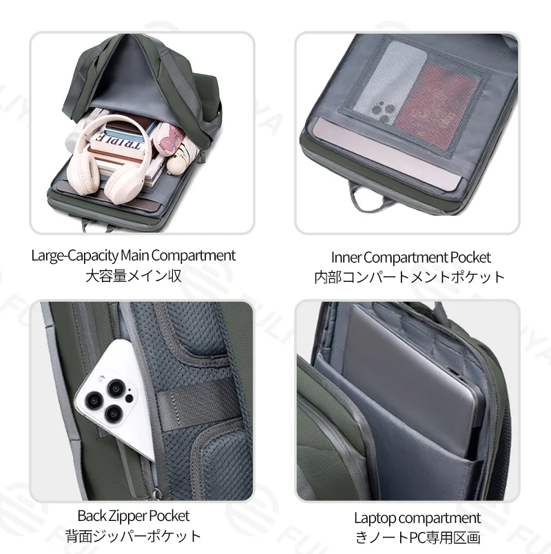 Guangzhou Fuliya Industry Co.,Ltd C-81331 Water-repellent durable fabric, large capacity, laptop sleeve, luggage pass-through, breathable back - for commuting, business, travel, hiking.