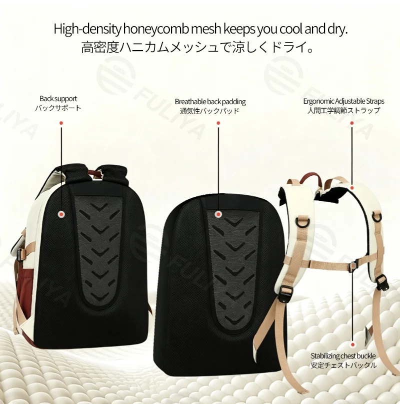 Guangzhou Fuliya Industry Co.,Ltd C-81335 Large capacity, bottom support to prevent sagging, expandable back compartment, multi-layer storage, honeycomb breathable back, reinforced handle - suitable for middle/high school and daily casual use.