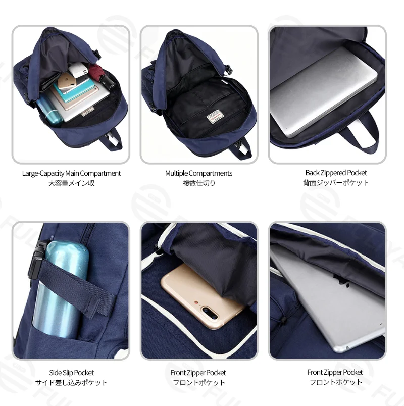 Guangzhou Fuliya Industry Co.,Ltd C-81339 Large-capacity backpack with laptop compartment, drawstring front pocket, multiple zipper pockets, side slip pocket, and luggage sleeve - suitable for travel, commuting, and campus.