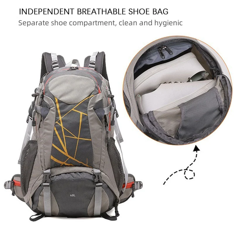 Guangzhou Fuliya Industry Co.,Ltd C-81342 Water-repellent tear-resistant nylon, S-shaped straps, breathable shoe compartment, rain cover, multiple pockets - for trekking, climbing, camping.