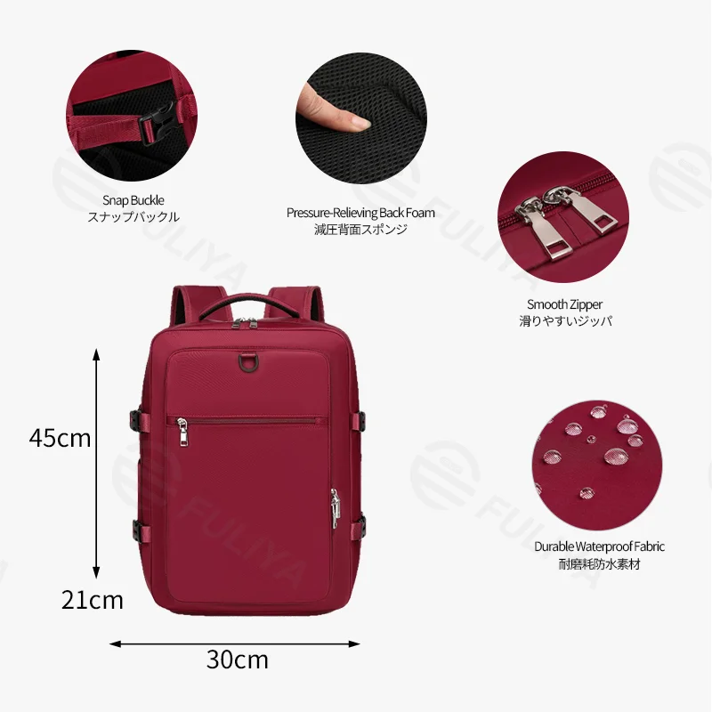 Guangzhou Fuliya Industry Co.,Ltd C-81351 This backpack features waterproof durable fabric, separate shoe and laptop compartments, side expansion (23L to 39L), and a luggage pass-through sleeve - perfect for business trips, travel, school, and daily use.