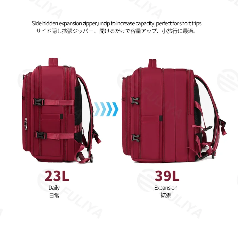 Guangzhou Fuliya Industry Co.,Ltd C-81351 This backpack features waterproof durable fabric, separate shoe and laptop compartments, side expansion (23L to 39L), and a luggage pass-through sleeve - perfect for business trips, travel, school, and daily use.