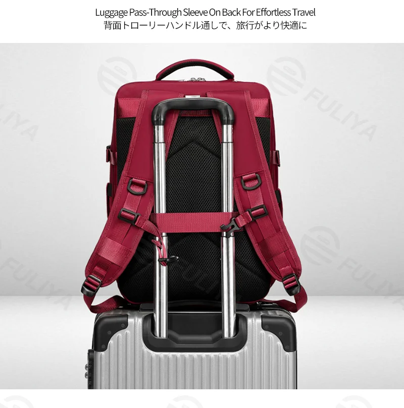 Guangzhou Fuliya Industry Co.,Ltd C-81351 This backpack features waterproof durable fabric, separate shoe and laptop compartments, side expansion (23L to 39L), and a luggage pass-through sleeve - perfect for business trips, travel, school, and daily use.