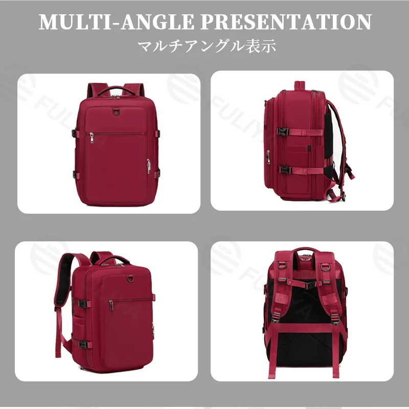 Guangzhou Fuliya Industry Co.,Ltd C-81351 This backpack features waterproof durable fabric, separate shoe and laptop compartments, side expansion (23L to 39L), and a luggage pass-through sleeve - perfect for business trips, travel, school, and daily use.