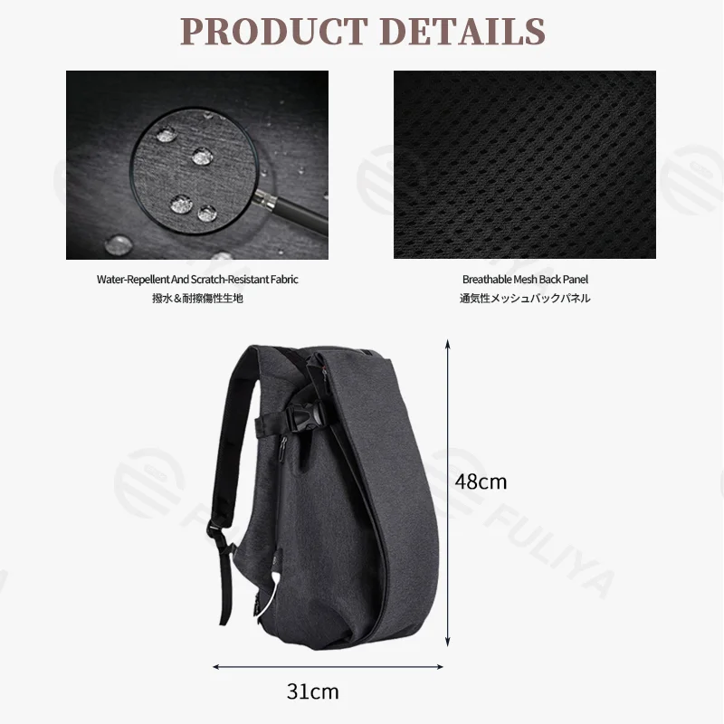 Guangzhou Fuliya Industry Co.,Ltd C-81380 Large capacity, 180° opening with multi-layer storage, hidden anti-theft pocket, charging buckle, side water bottle pocket, luggage strap, breathable mesh back panel - suitable for commuting, travel, and outdoor.