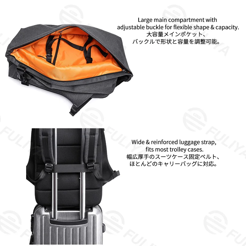 Guangzhou Fuliya Industry Co.,Ltd C-81380 Large capacity, 180° opening with multi-layer storage, hidden anti-theft pocket, charging buckle, side water bottle pocket, luggage strap, breathable mesh back panel - suitable for commuting, travel, and outdoor.