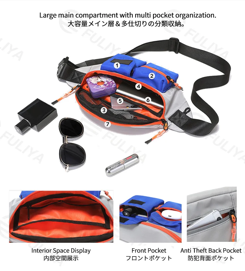 Guangzhou Fuliya Industry Co.,Ltd C-81382 This waterproof and durable chest bag features large capacity with multiple pockets, an anti-theft back pocket, and an adjustable strap - ideal for sports, commuting, and daily use.