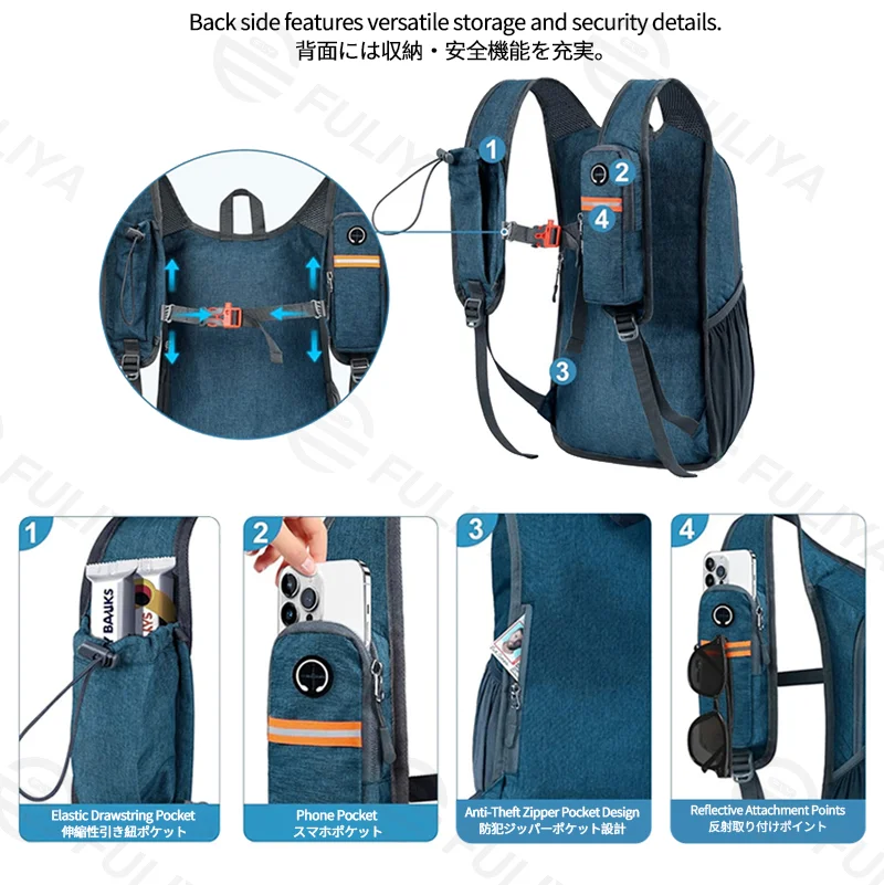 Guangzhou Fuliya Industry Co.,Ltd C-81383 This foldable vest bag features large capacity, multiple pockets, an elastic drawstring pocket, reflective attachment points, and an adjustable strap - ideal for trekking, climbing, and daily use.