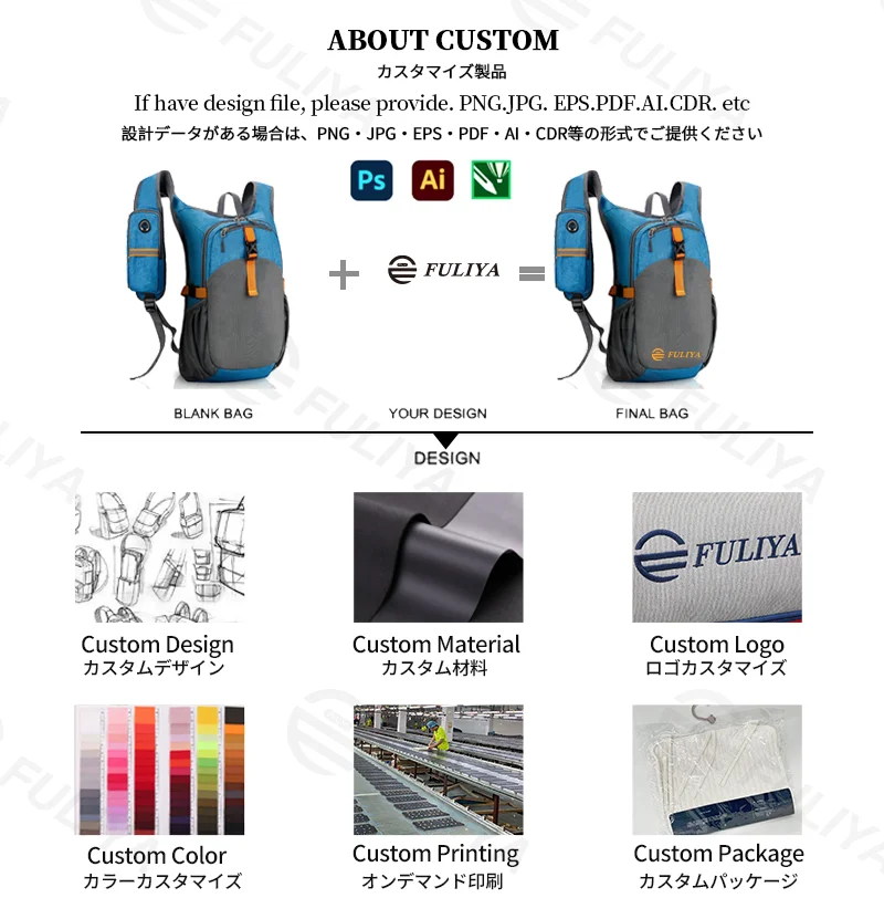 Guangzhou Fuliya Industry Co.,Ltd C-81383 This foldable vest bag features large capacity, multiple pockets, an elastic drawstring pocket, reflective attachment points, and an adjustable strap - ideal for trekking, climbing, and daily use.