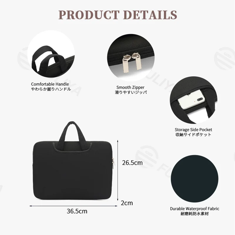 Guangzhou Fuliya Industry Co.,Ltd C-81384 This padded shockproof laptop handbag is made of durable waterproof fabric, large capacity for 14-inch laptops, plush lining for protection, with a hideaway handle and side pocket - ideal for commuting and travel.