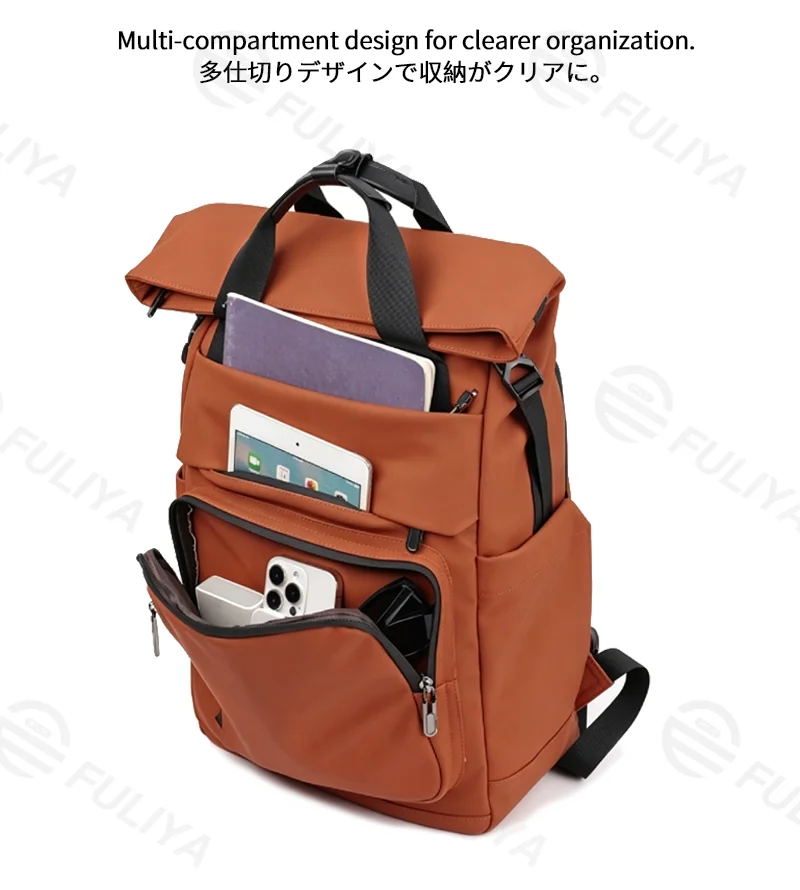 Guangzhou Fuliya Industry Co.,Ltd C-81385 This waterproof backpack features multi-compartment large capacity, buckle flap closure, adjustable straps, thickened breathable back panel, and luggage strap - ideal for commuting, travel, and outdoor.