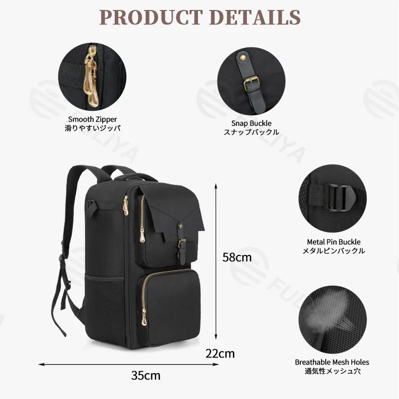 Guangzhou Fuliya Industry Co.,Ltd C-81390 This multi-functional camera backpack features DIY dividers for customizable storage, a waterproof compartment, laptop sleeve, breathable mesh, and snap/metal buckles - ideal for photography and travel.